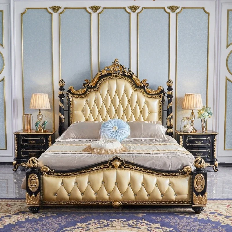 Hand-carved European solid wood leather bed 1.8 meters double leather bed master bedroom leather double