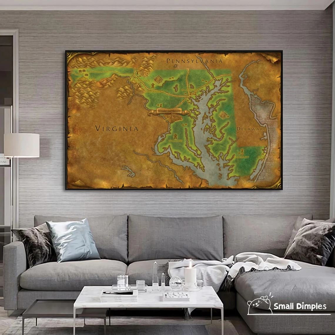 Map Of Maryland - World Of Warcraft Style Map Game Poster Canvas Art Print Home Decoration Wall Painting ( No Frame )