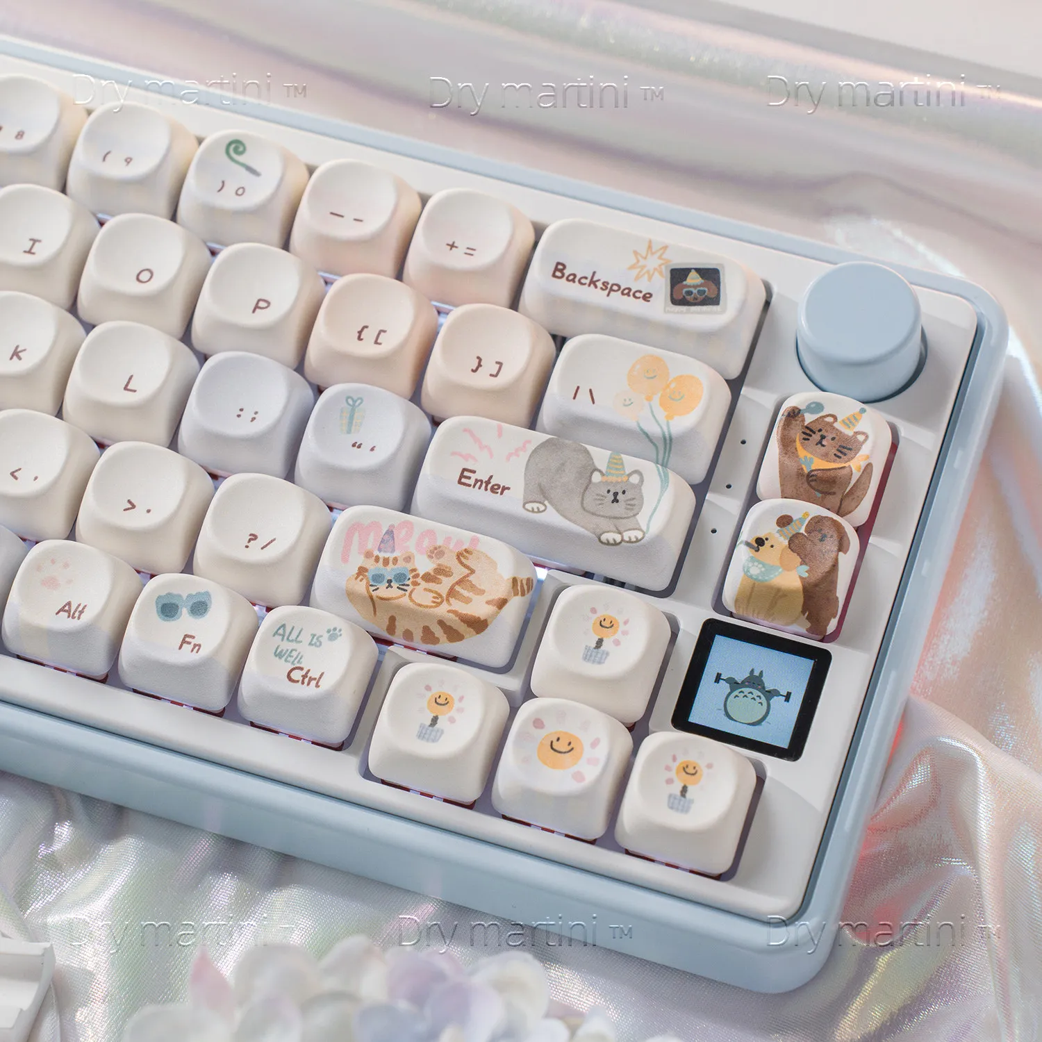 Cartoon Cat MOA Keycaps Cute Blue Pink Round Key Caps PBT Rounded Shape Dye Sub Compatible with MX 75% Keyboard 143 Keys