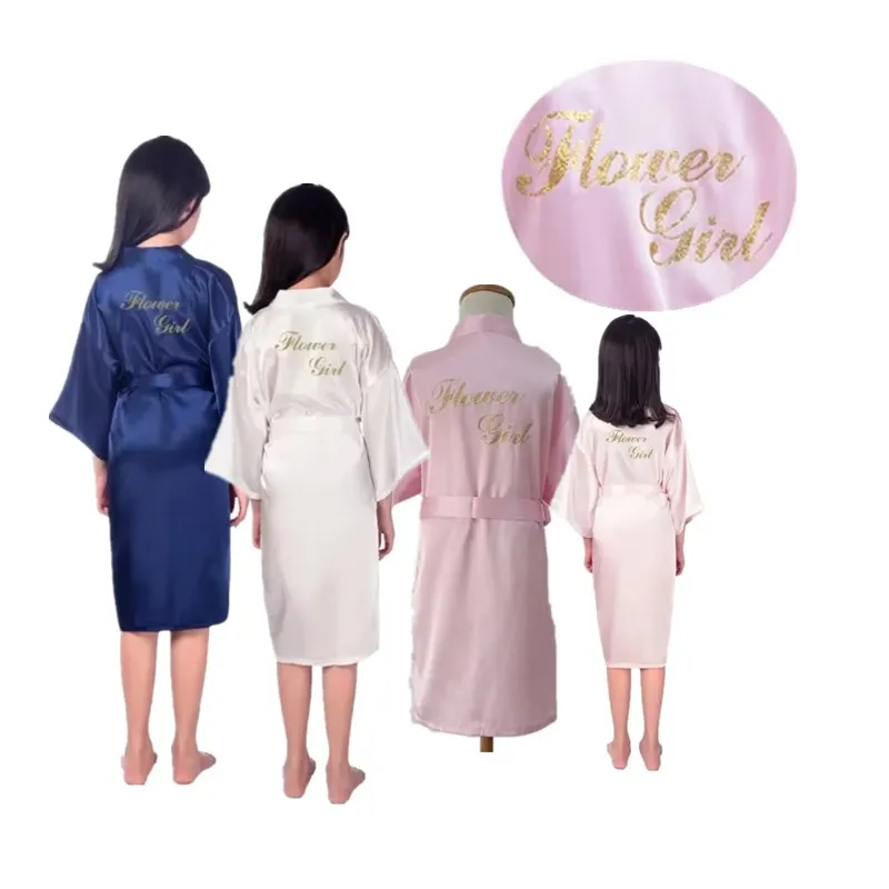 Flower Girl Gold Letter Robes Solid Satin Kids Kimono Children Bathrobes Wedding Party Spa Nightgown