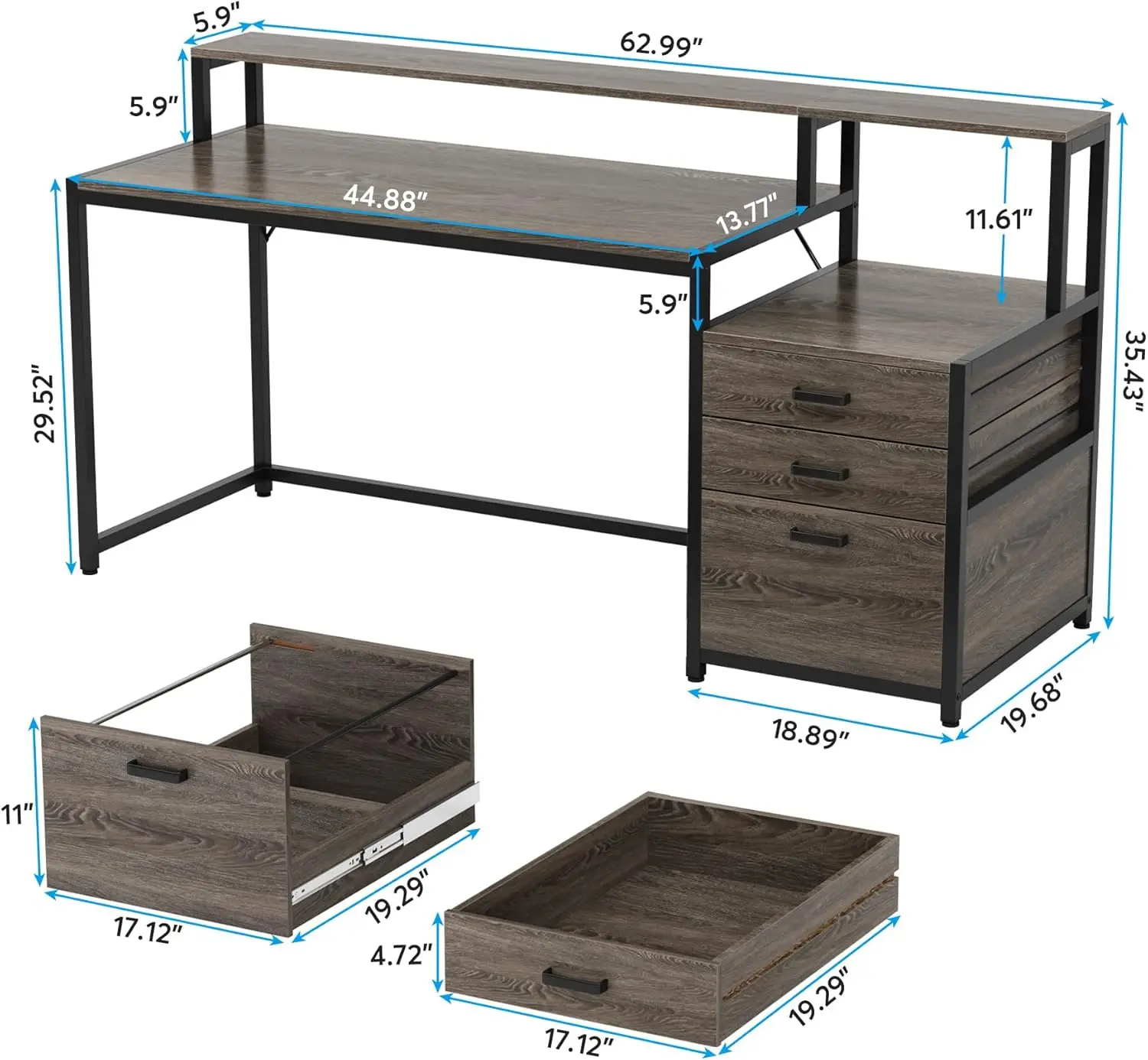 Tribesigns 63 Inch Computer Desk With File Drawer Cabinet, Ergonomic Office Desk With Monitor Stand, Industrial Computer Table