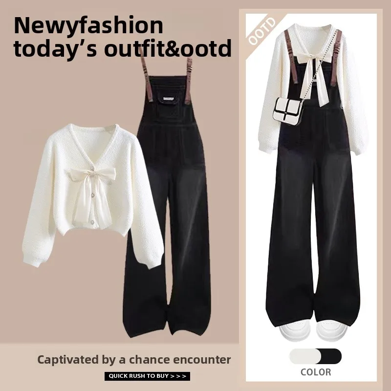 

Autumn Winter Women's Knot Knitted Sweater And Denim Overalls Slimming Versatile Two Piece Set Faionable Ensemble