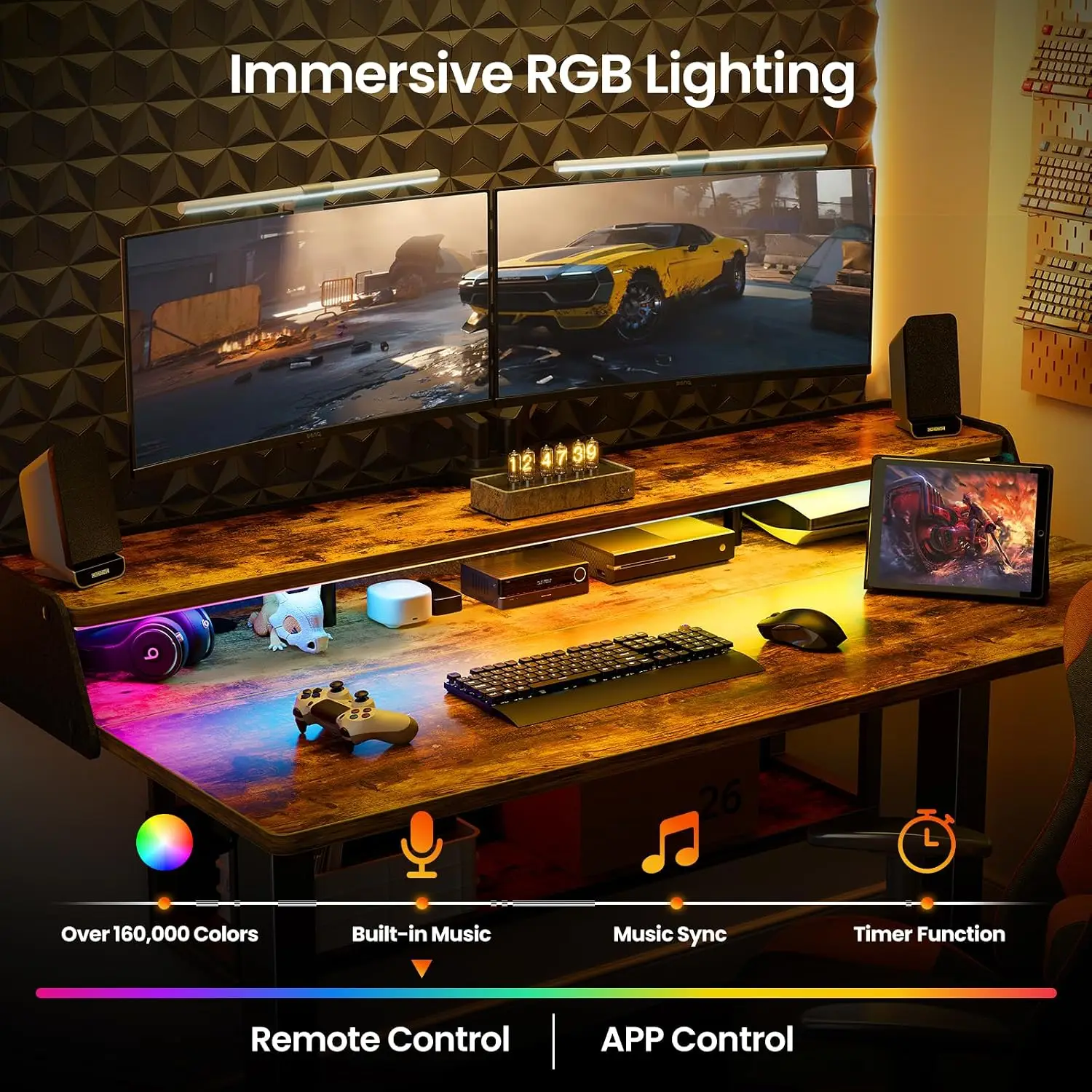 Electric Standing Desk 55x28 Inch Adjustable with Bookshelf & Monitor Stand Gaming Desk with LED Light Strip , Customized