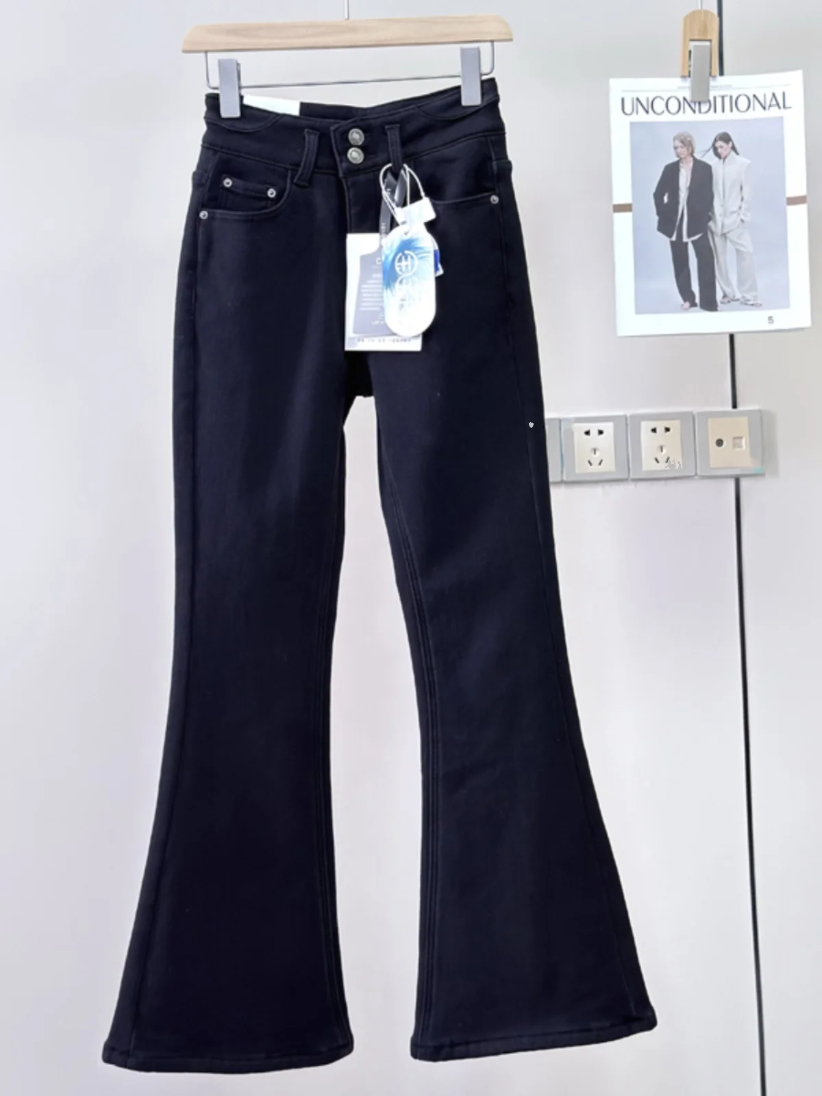 

Женские бархатные расклешенные джинсы Thiened Baby, зимние длинные брюки с высокой талией, удобные теплые леггинсы с двумя пуговицами