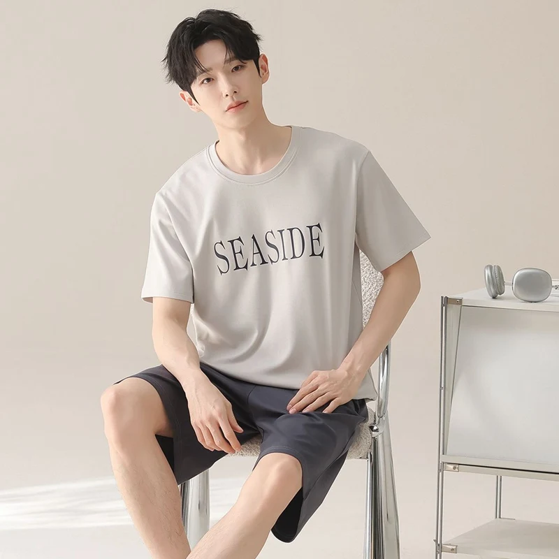 2026 Summer Short Sleeve 100% Cotton Pajama Sets for Men Korean Loose Sleepwear Pijama Hombre Pyjama Homewear Male Home Clothes