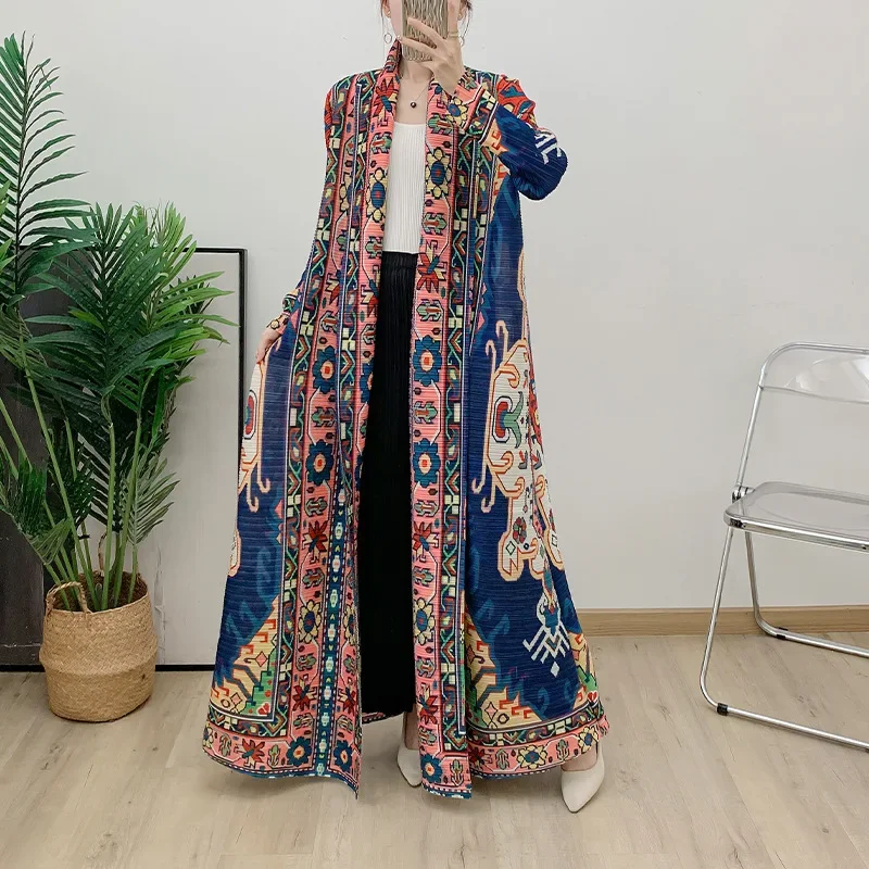 Pleats Pleated Jacket New Fall Women's Robe Commuter Elastic Waistband Casual Long-sleeved Homewear Large Hem Printed Robe