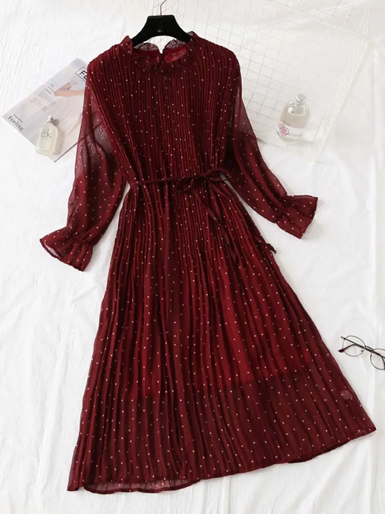 2023 Summer Women Ruffled Long-Sleeved Chiffon Dress High Waist Floral Broken Flower Beach Midi Dresses Pleated Vestidos