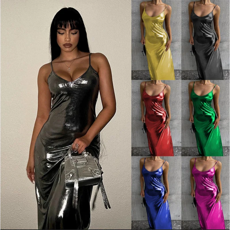 

2025Independent Station Women's Clothing Spring and Summer Bronzing Sling Backless Sleeveless Sheath Temperament Dress Wome