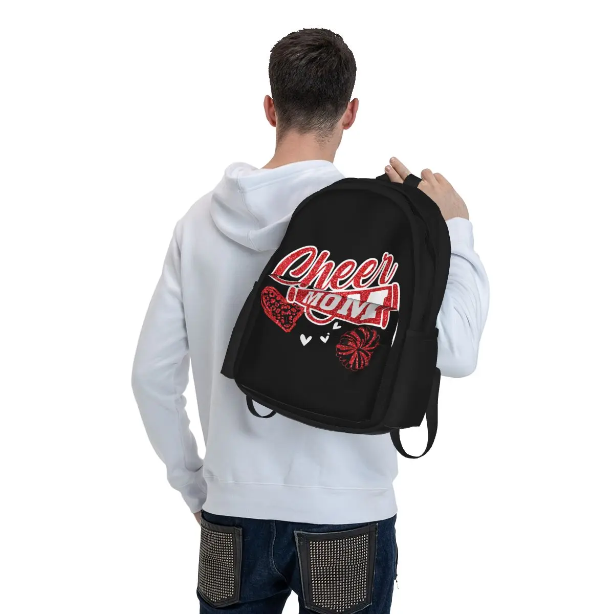 Cheer Mom Biggest Fan Leopard Print And Pom Pom Large Capacity Backpack Print Backpacks