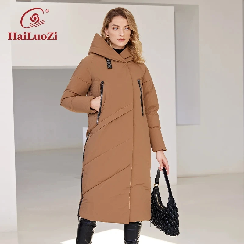 HaiLuoZi 2022 New Winter Women\'s Jacket Long Thick Bio Cotton Big Pocket Hood Zipper Elegent Female Clothing Parka Women Coat 23