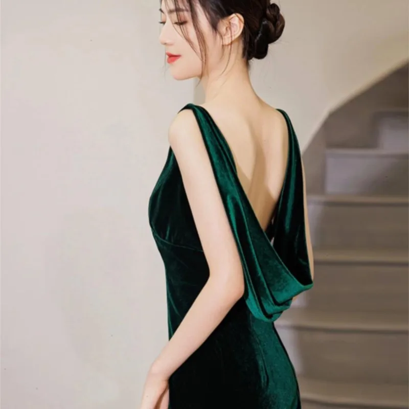 Morning gown lady green velvet light luxury niche fishtail dress banquet toasting