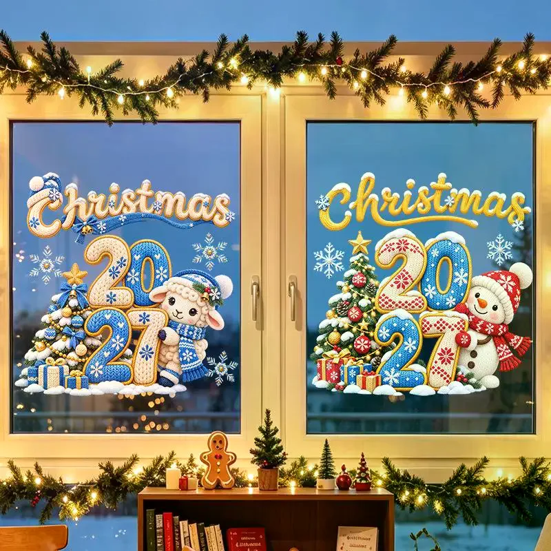 2027 Knit Sheep Window Sticker Happy New Year Decal Cute Lamb Xmas Window Decor For Home Shop Glass Ornament Decor Supply Set