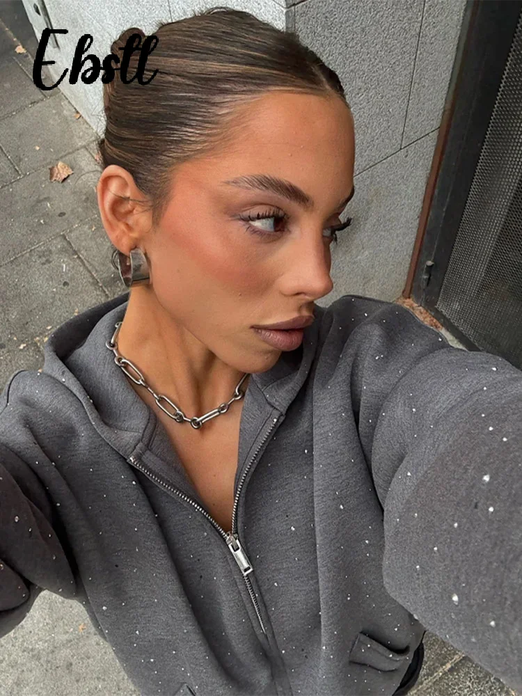 حجر الراين سستة هوديس التنانير مجموعة المرأة عادية مقنع جيوب كم كامل البلوز منتفخ تنورة قصيرة 2025 جديد Lasy الزي