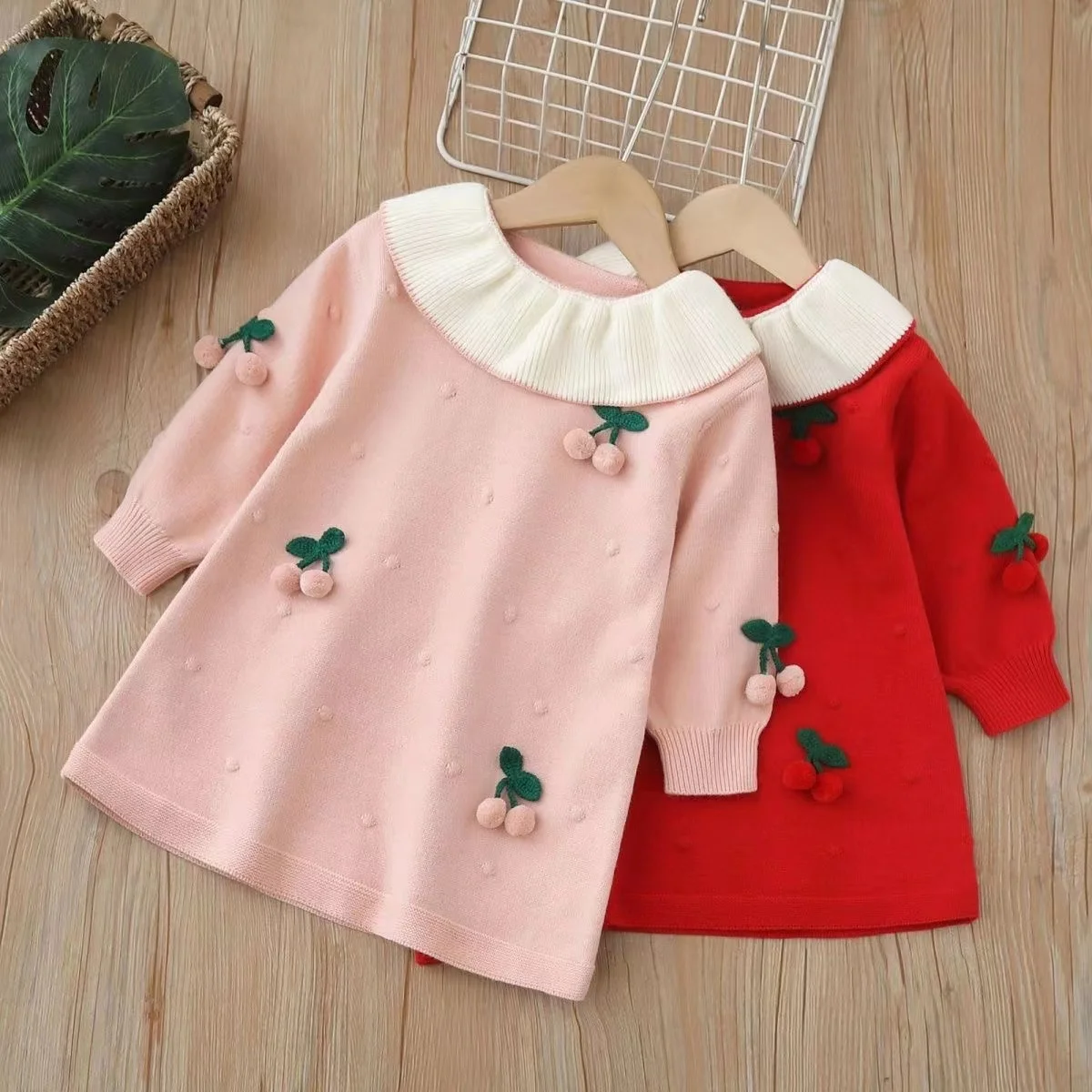 

1-9Y Girls' Sweater Dress 2024 Autumn Winter New Hand-woven Bubble Cherry Skirt Dress Girl Baby Sweet Foreign Style 90-130cm