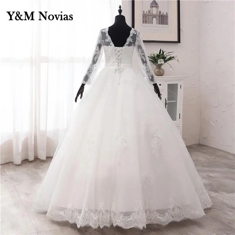 Y&M Novias Cheap Vintage O-Neck Sweet Ivory White Wedding Dress Plus Size Long Sleeve Bridal Ball Gown Real Photo Robe De Marie