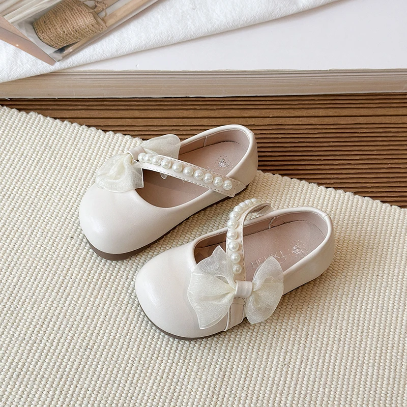 New Girl Princess Leather Shoes Chic Versatile Soft Elegant Fashion Lace Bowknot Beading Kid Loafers Wedding Slip-on Mary Janes