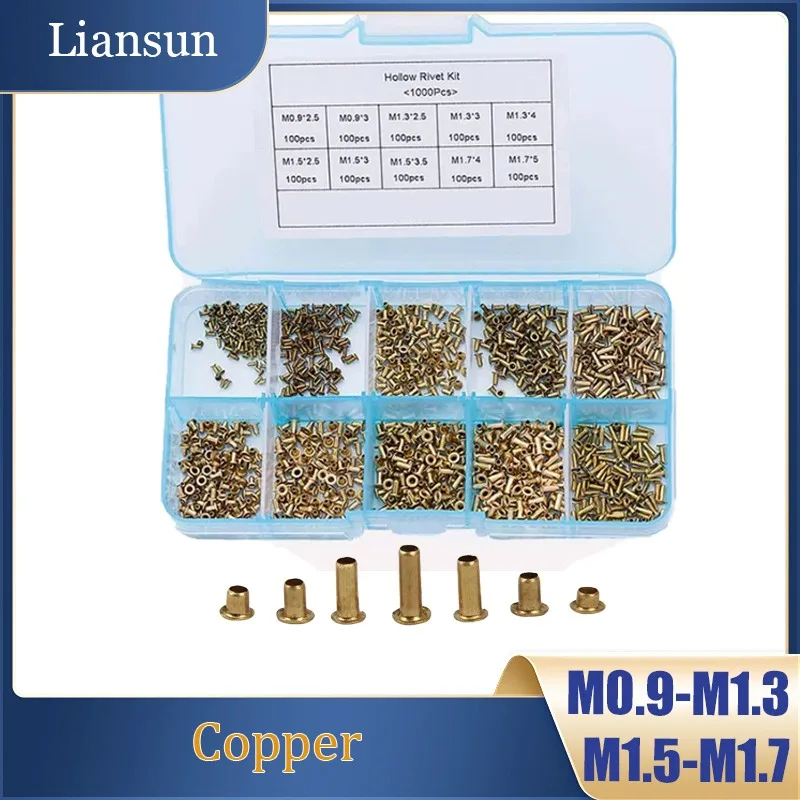 1000pcs/box Tubular Rivets Hollow Copper Rivets M0.9M1.3M1.5M1.7 Circuit Board PCB Nail Through-Hole Rivet Washer Set