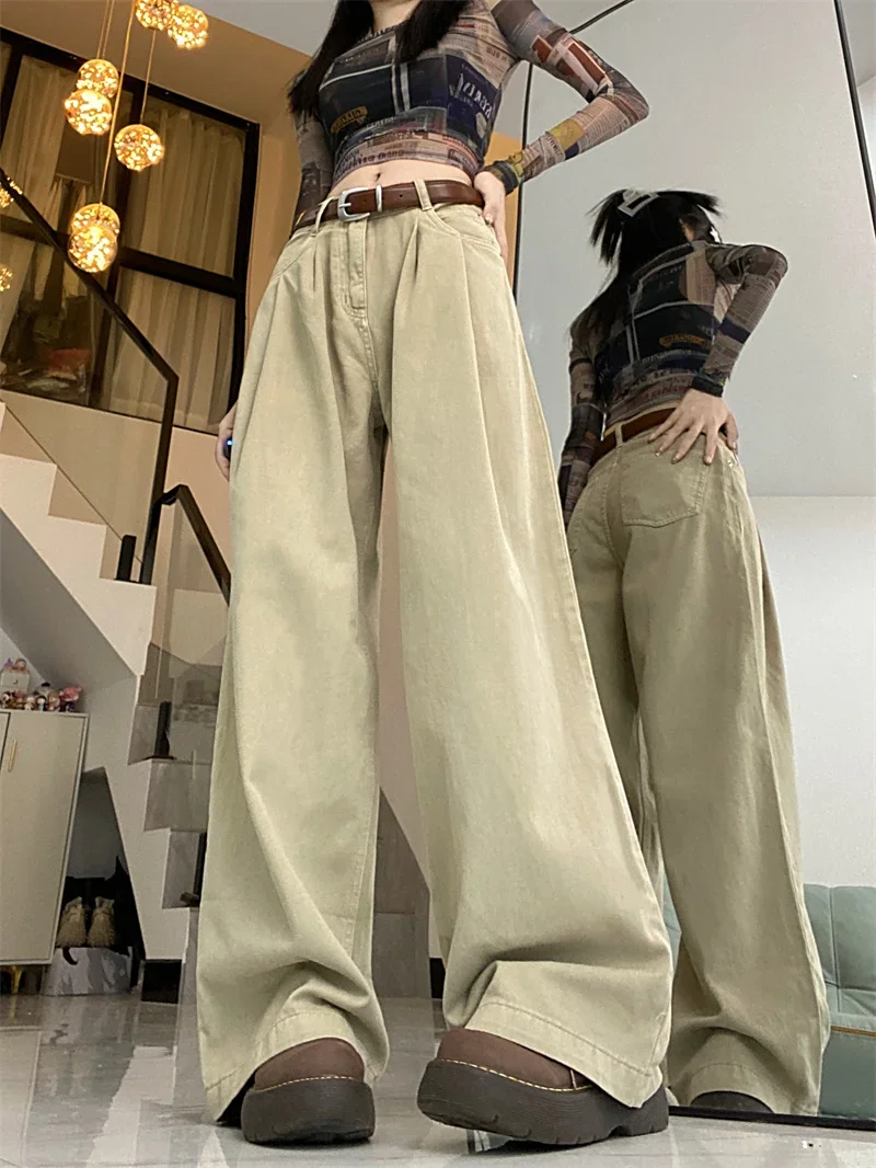 QWEEK Y2K Vintage Khaki Baggy Jeans Women Korean Style Basic Denim Pants Female Oversized Harajuku Retro Wide Leg Trousers