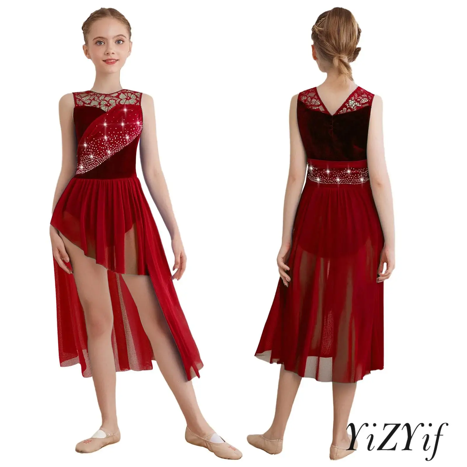 Costume de danse lyrique éthérée pour filles, bloc de couleurs, panneaux en maille transparente, strass scintillants, robe de Salsa pour spectacle de Ballet latin