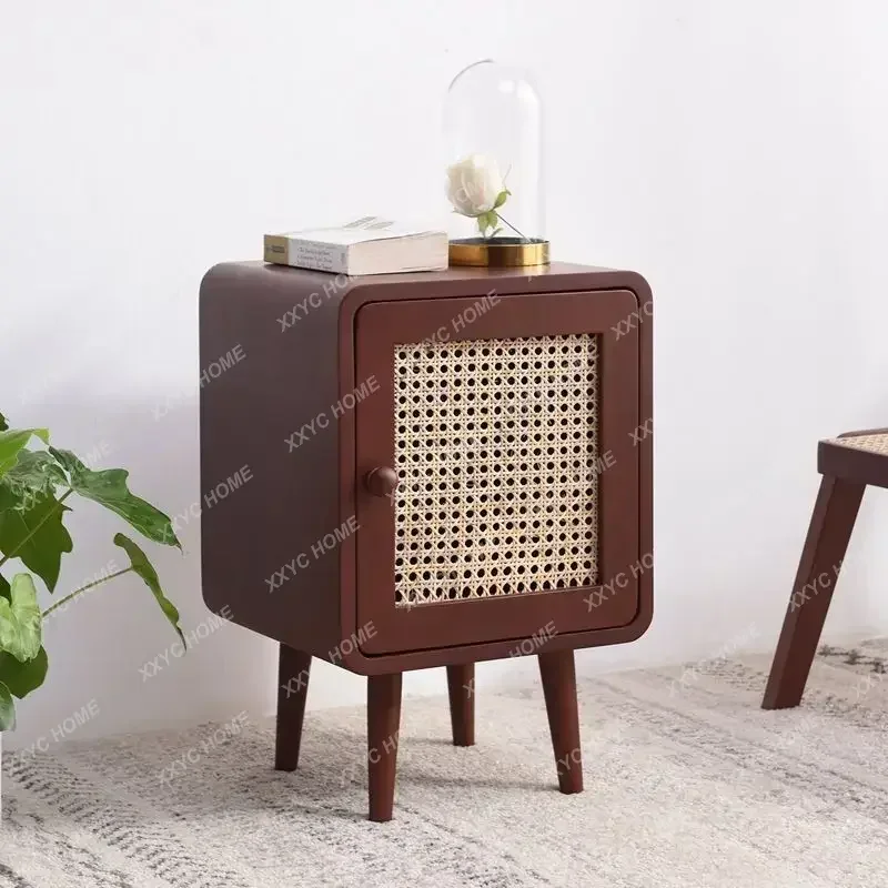 Japanese Rattan Bed Side Table Retro Nightstand Wood Bedside Tables Small Square Table Storage Cabinet Sofa Small Side