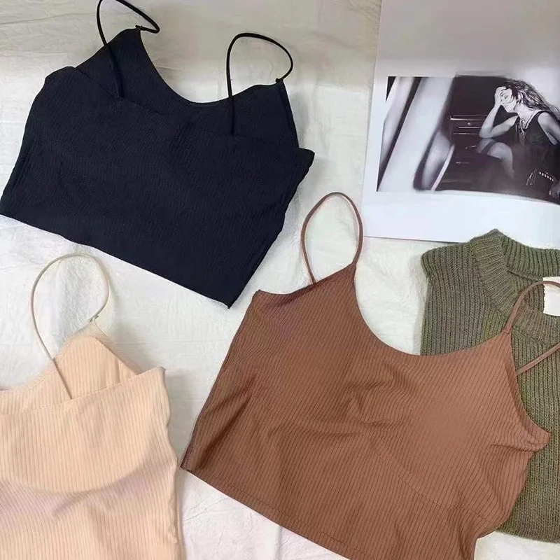 

New Ice Silk Sl Beautiful Ba Brtte with Chest Pad Anti Exposure Base Tank Top mid Length Nylon Blend