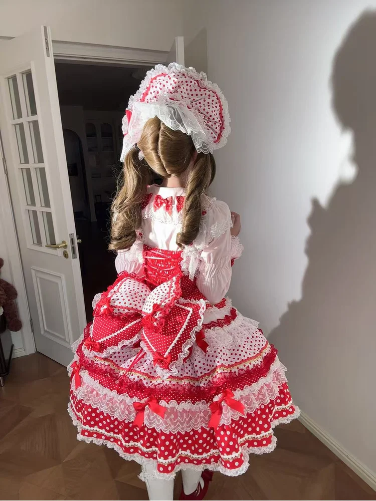 

Fish Boss's New Red Polka Dot Lolita Girl Dress, Japanese Sweet Student Campus Tea Party Dress