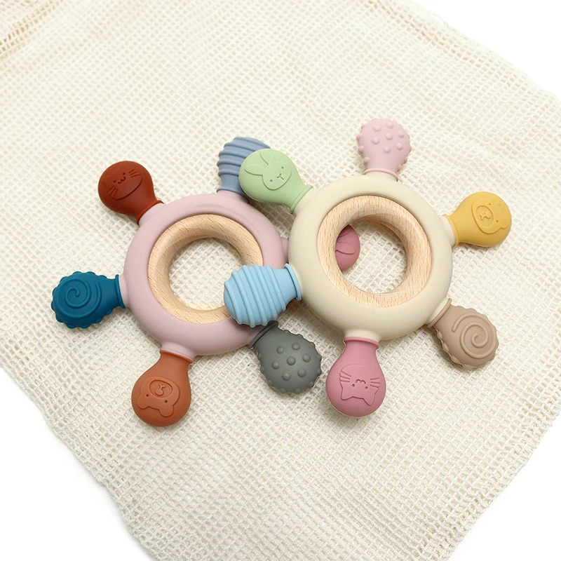 Mamaplan 1Pcs Baby Silicone Teether Toy Rudder Shape Wooden Ring Teething Chewing Toys Infant Nursing Toy Baby Shower Gifts