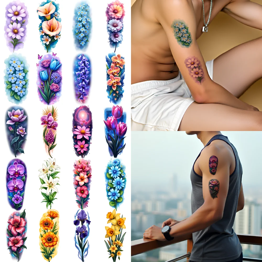 

9pcs Temporary Tattoo Floral Stickers Colorful Realism Flower Tattoos Realistic Temporary Tattoos For Male Thighs Adult