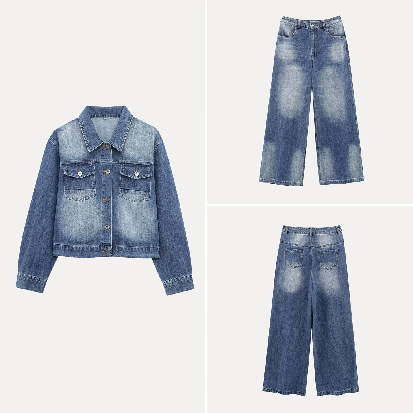 Women's Fashionable Long Sleeve Collared Denim Jacket And Loose Pants Set Washed out Style Versatile And Stylish Autumn Wear