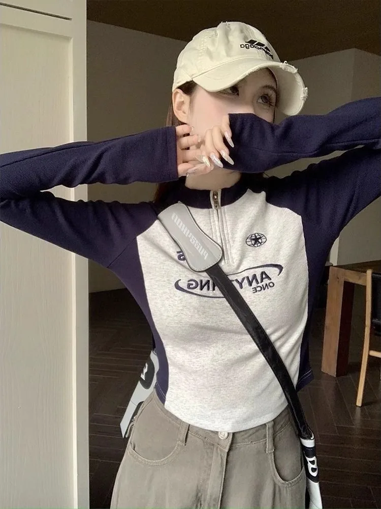 Maglietta Lunga Retrò Americana da Donna, Aderente con Zip Interna, Top con Spalle Scoperte, Lunghezza Regolare e Traspirante