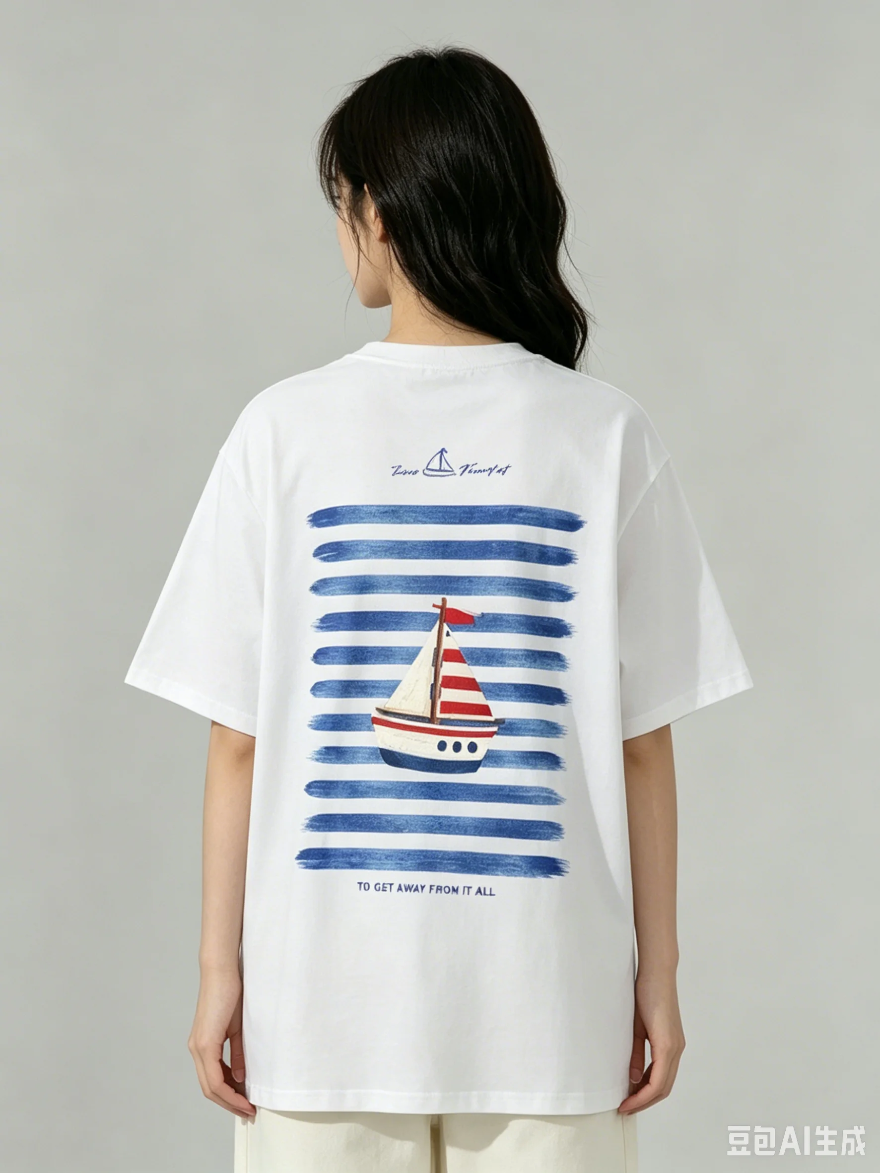 Coastal Cowgirl Sweet Tee Back Watercolor Brush Stroke Blue Stripes Cute Sailboat Loose 100% Cotton Beach Holiday Casual T Shirt