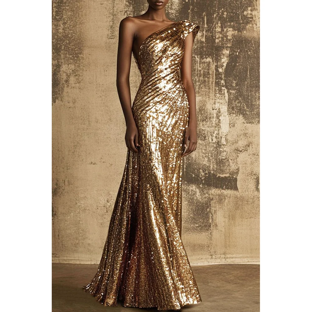 Golden One Shoulder Shinning Sparkle Women Prom Gowns Sleeveless Mermaid Floor Length Evening Dresses