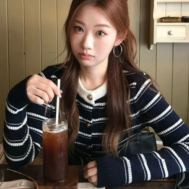 

Deeptown Vintage Elegant Striped Women Knit Cardigan Preppy Long Sleeve Korean Fashion Slim Sweaters Casual Old Money Winter