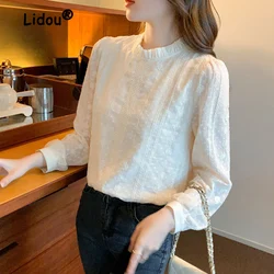 Fashion Embroidered Lace Solid Color T-shirt Women New Classic Long Sleeve Office O-collar Chiffon Temperament Pullover Shirt