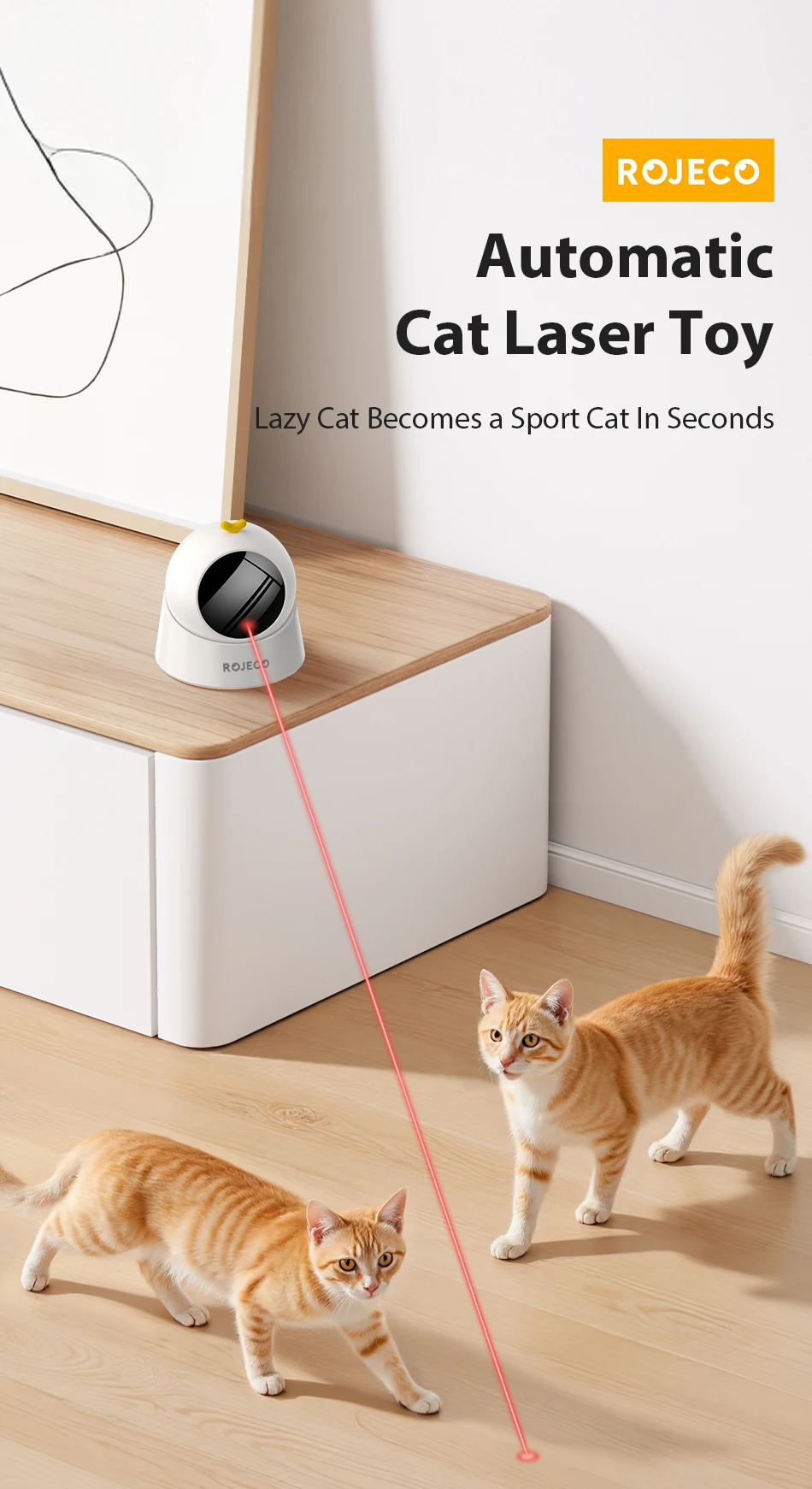 ROJECO Automatisches Haustierspielzeug, interaktiv, verstellbar, elektrisch, Katzenlaserspielzeug, für den Innenbereich, intelligentes Necken, Laser-Katzenspielzeug für Kätzchen, Hundebedarf – Detail 1
