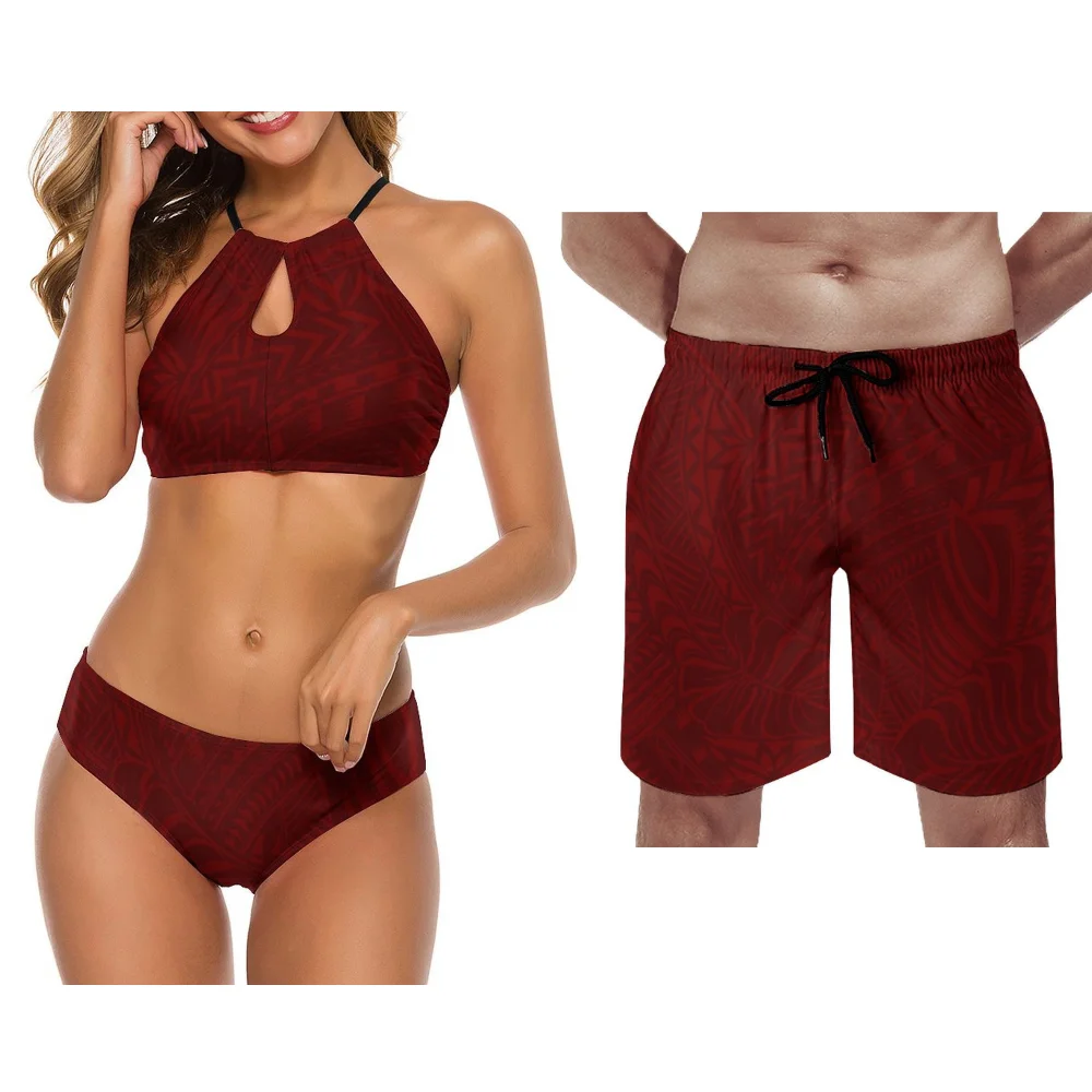 

Пляжная вечеринка, ретро полинезийский комплект для серфинга на заказ, купальник для пары, традиционный этнический принт, купальник для пары, бикини