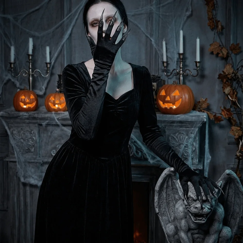 Gothic Long Nails Gloves Polyester Elastic Halloween Witch Gloves Black Black Stretch Detachable Claw Nails Gloves