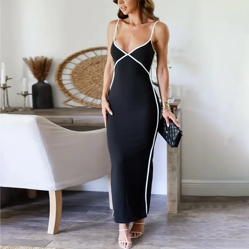 Vacation Beach Sexy Backless Halter Dress Black White Line Summer Elegant Slim Party Gown for Women V Neck Sleeveless Prom Dress