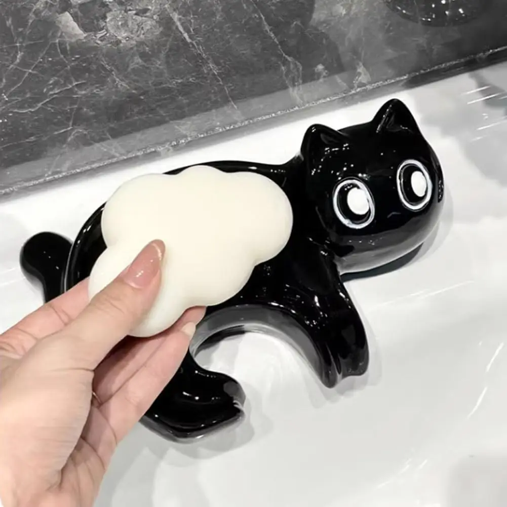 Cute Ceramic Soap Dish Cat Soap Holder Self-Draining Soap Sponge Box Drainable Soap Tray for Shower Bathroom Tub Kitchen Sink view 2