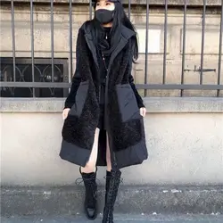 Fashion Hooded Vest Jackets 2024 Autumn Winter Large Size Loose High Waist Medium Long Lamb Wool Stitching Thickened Vests Coat