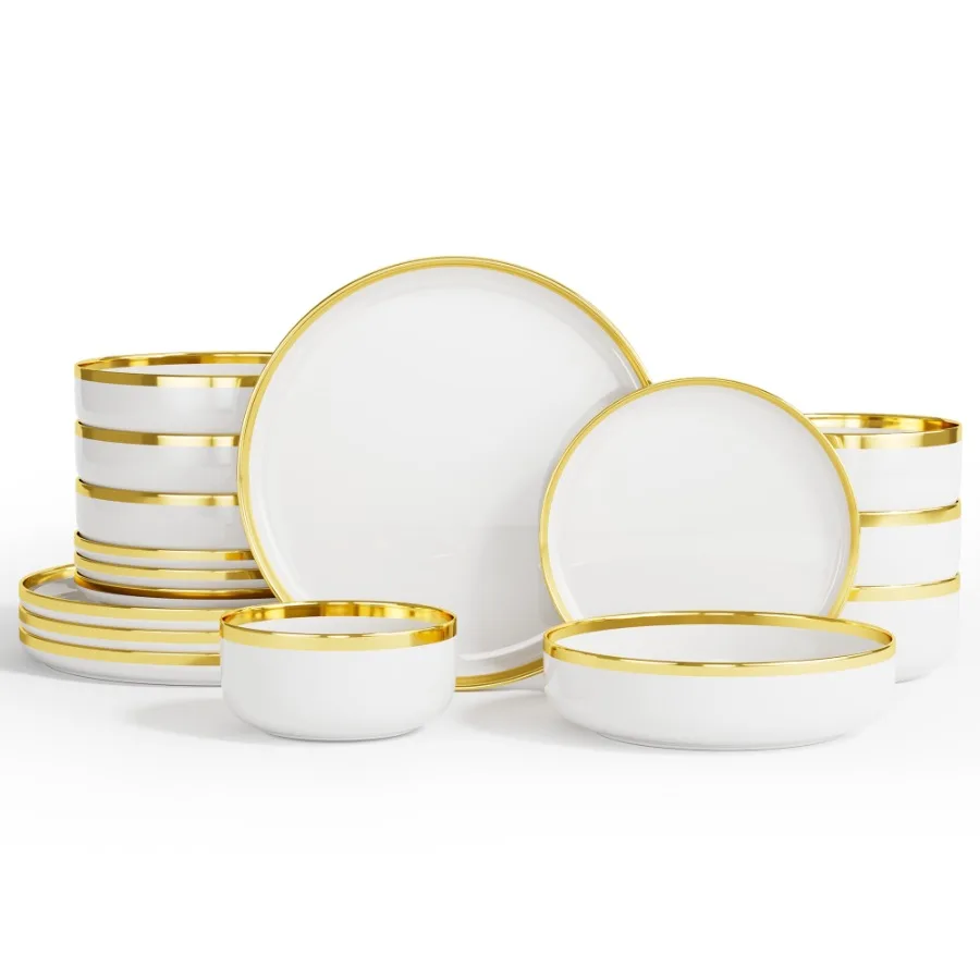 

Kitchen Plates and Bowls Sets, 16 Pieces Porcelain Dinnerware Set for 4, Handmade Ceramic Dish Set wtih Gold Rim, White, Not Su