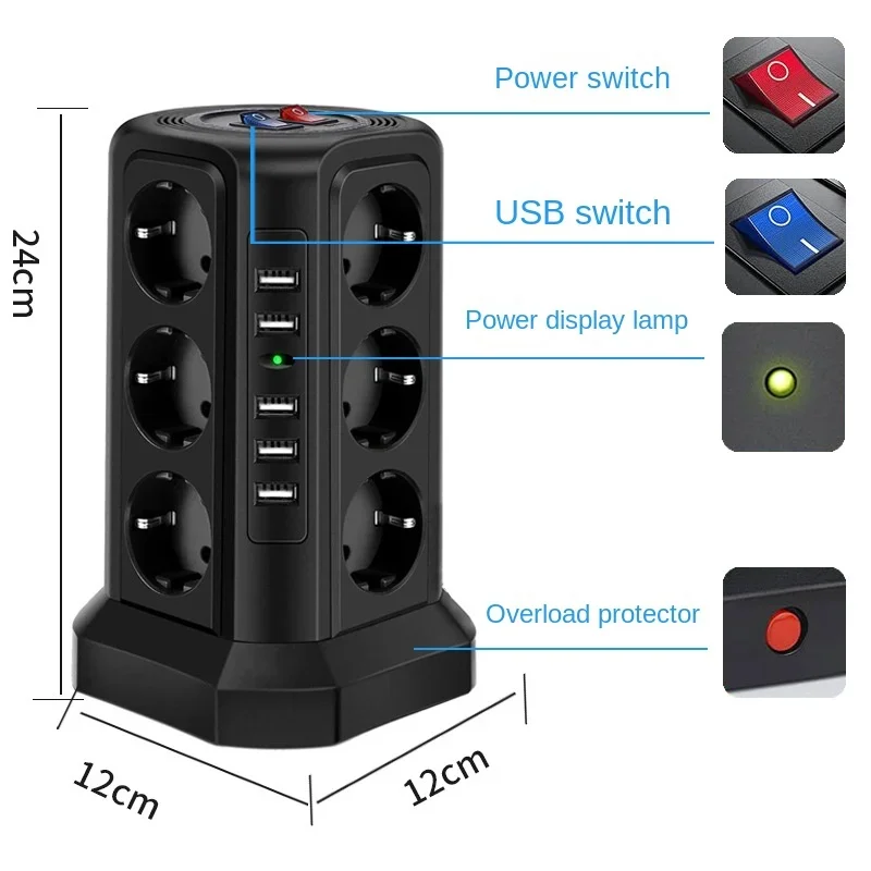 1.8M Extension Cord Power Strip Household Office European Standard Socket with Usb 3 Layer 12 Porous Socket Board Power Strip