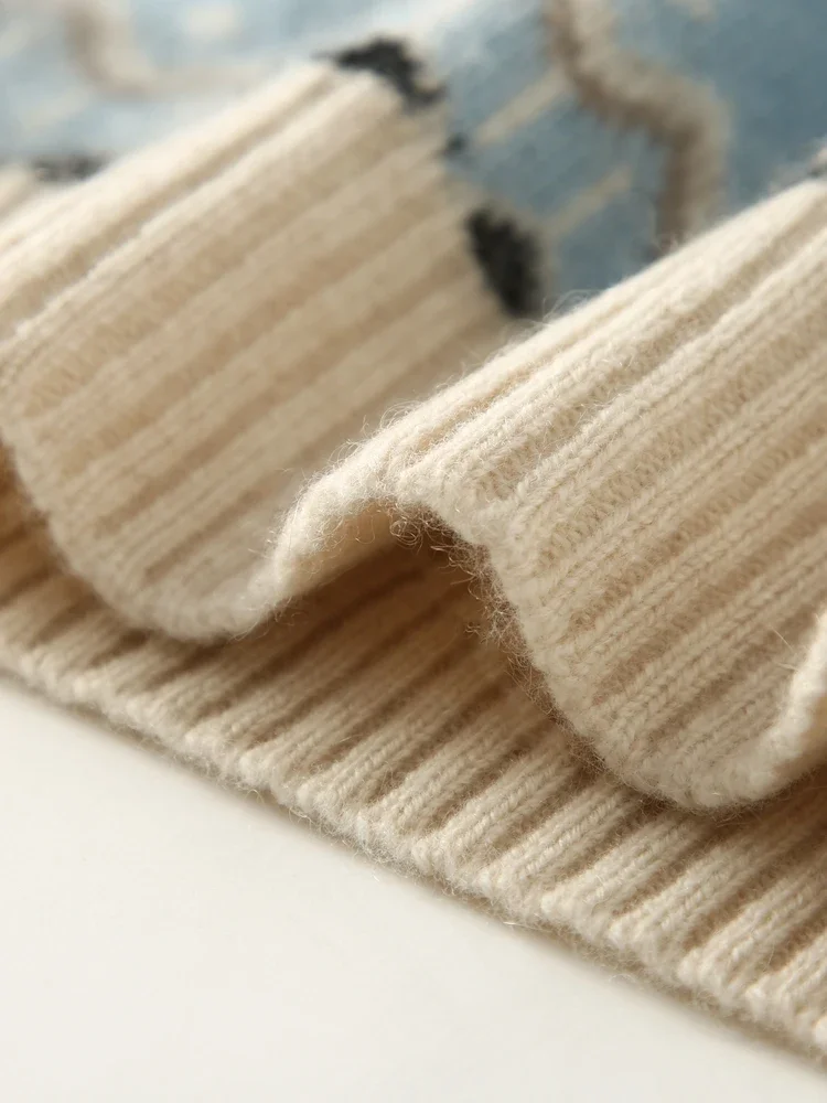 

100% Cashmere Women's Mock Neck Pullovers Vintage Sweater Faire Isle Cashmere Knitwear Autumn Winter Thick Jacquard Sweater Tops