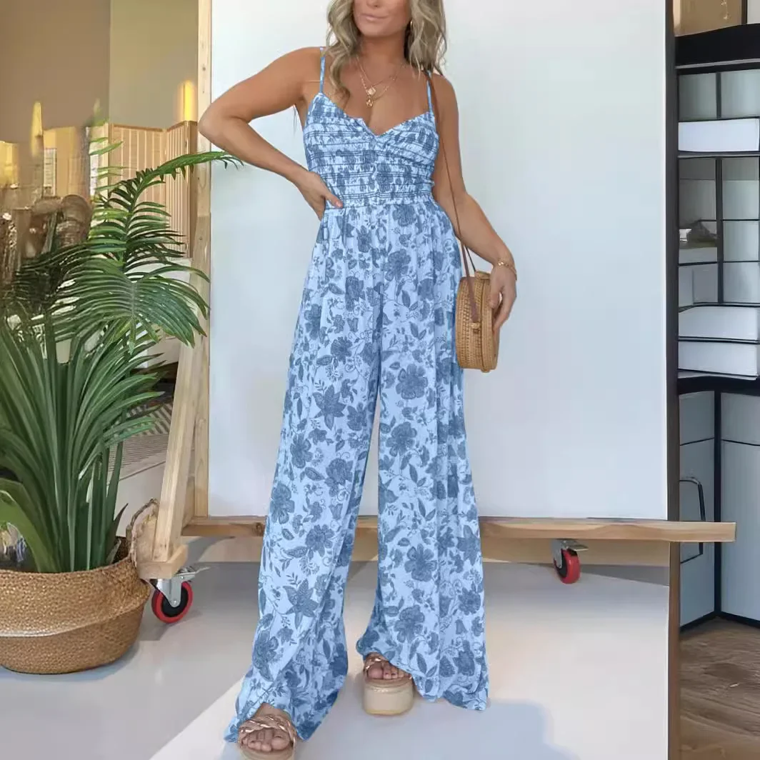 Women One Piece Print Floral Jumpsuits Sleeveless V Neck Sling Rompers Wide Leg Long Pants Overalls Sexy Hight Waist Summer