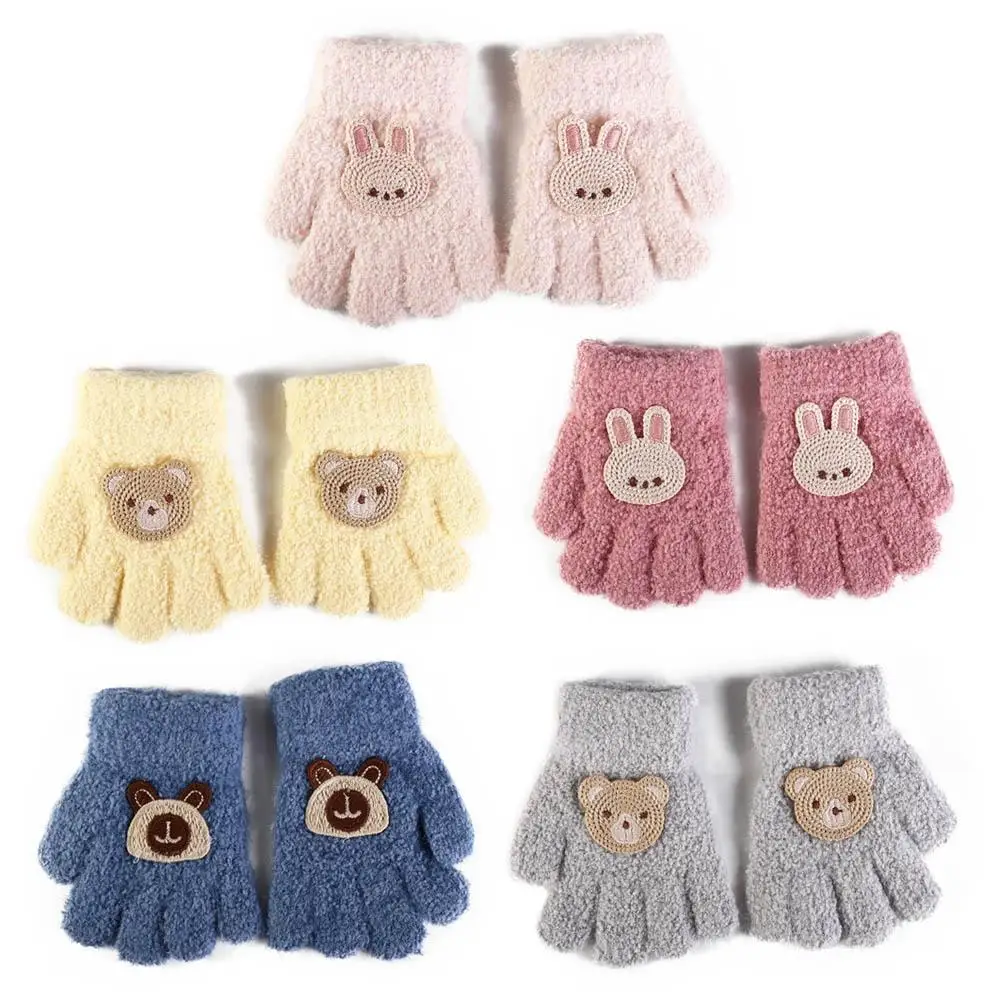 

Fashion Bear Baby Fluffy Gloves Flower Korean Style Cartoon Pattern Gloves Rabbit Full Finger Knitted Mittens