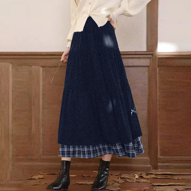 MEXZT Gonna longuette in velluto a coste vintage Donna Harajuku Bow Plaid Patchwork Gonne nere Inverno giapponese Streetwear Casual Faldas Nuovo