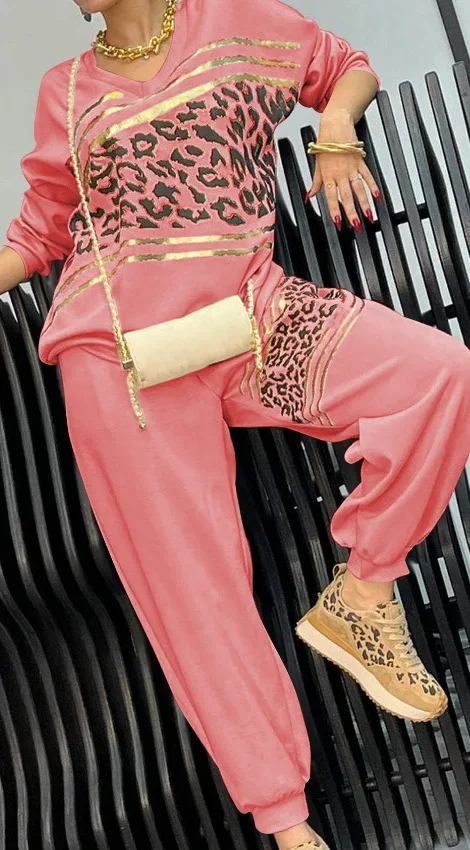 Women Leopard Long Sleeve T shirt  & Trousers Set Two Pieces Suit Trousers Outwear For Lady