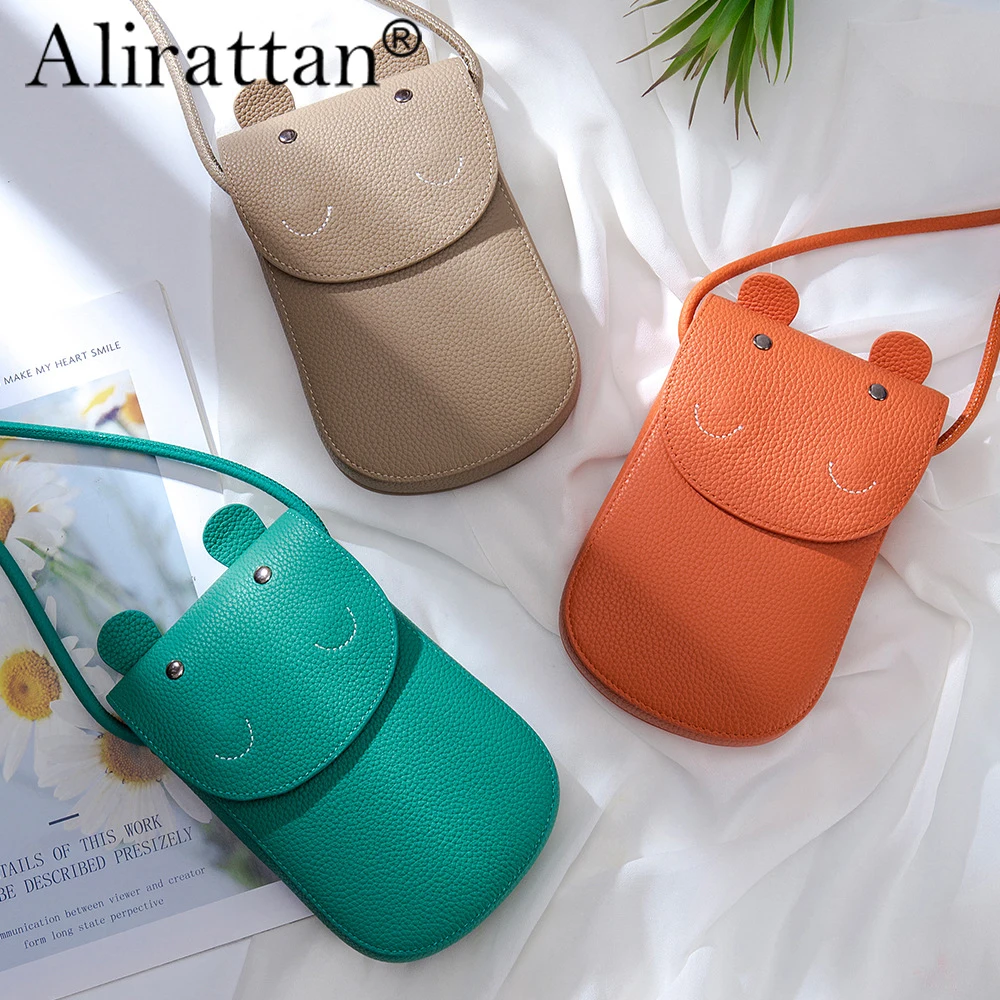 

Alirattan 2024 New Genuine Leather Mini One Shoulder Crossbody Bag Cute Little Hippo Phone Bag Women's Bag