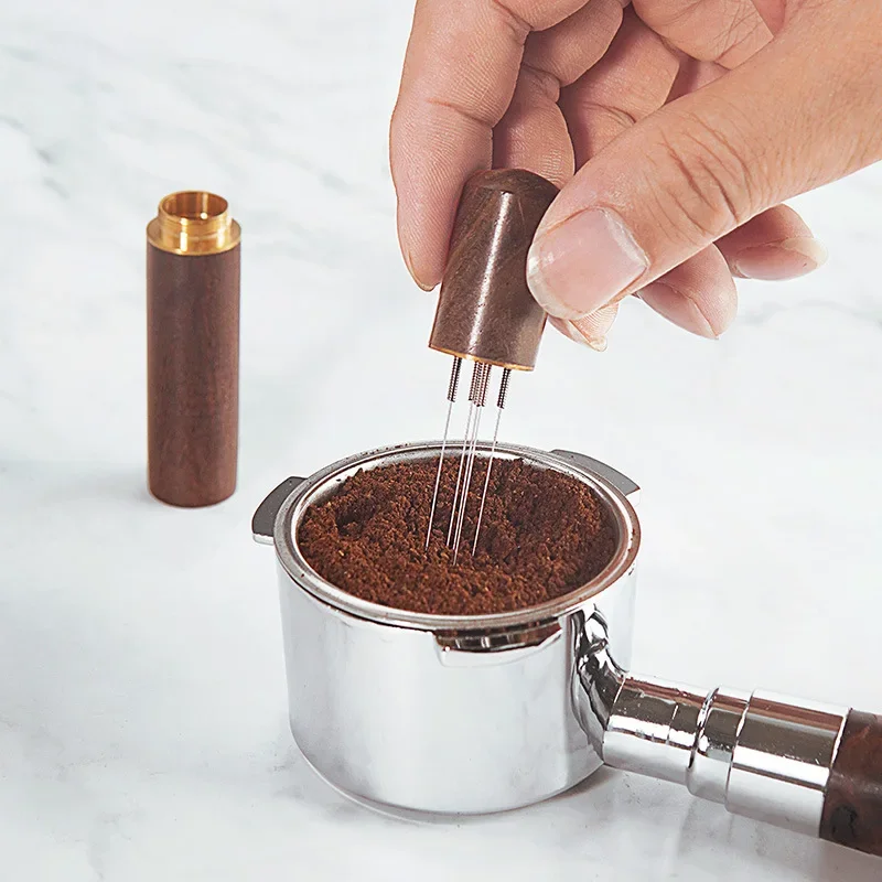 6-Needle Espresso Powder Blender Wooden Handle Coffee Tamping Needle Stainless Steel Distributor Wdt Tools Barista Accessories