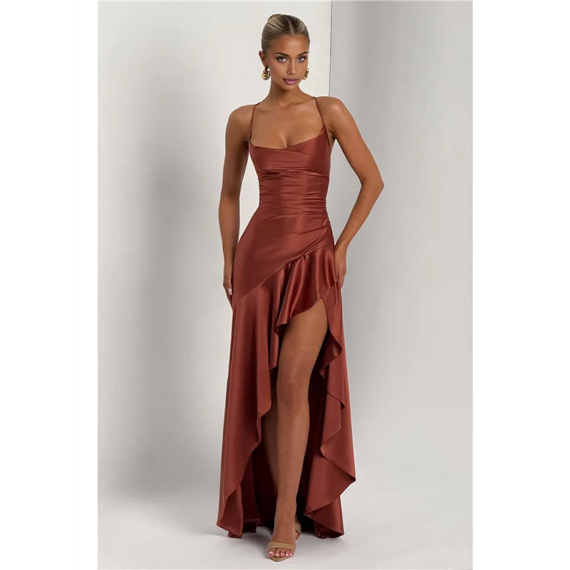 Vestido de cóctel con escote en V, sin mangas, de satén, con dobladillo con volantes, ajustado, largo, informal, con espalda abierta y abertura larga